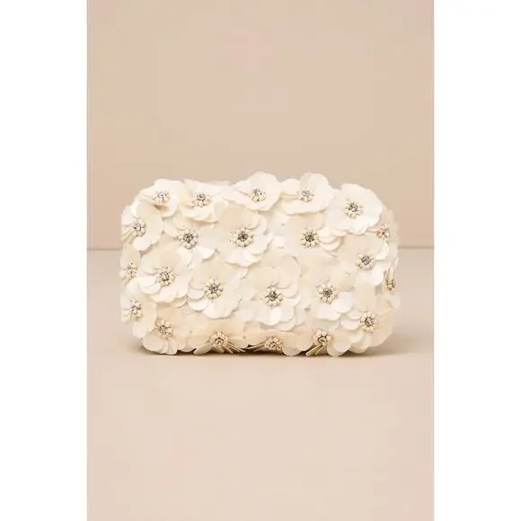 NWT Lulus Blooming Addition Ivory Sequin Rhinestone Box Clutch Bag - Picture 1 of 4